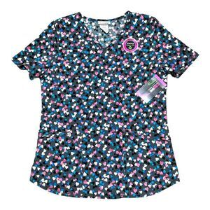 Scrubstar Womens S Stretch V-Neck Heart Print Scrub Top Performance Stretch NEW